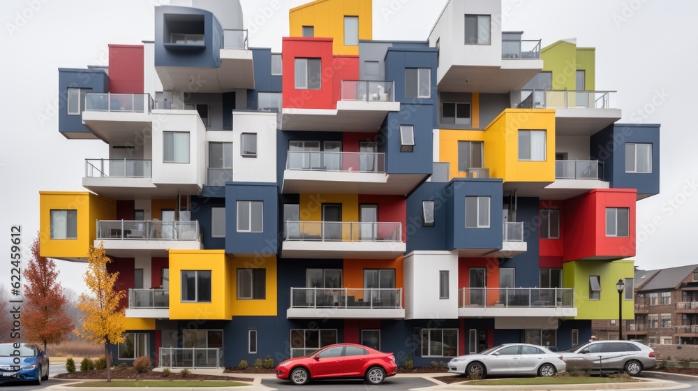 Poster a multicolored building with cars parked in front of it. generative ai image.