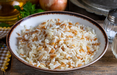 Traditional delicious Turkish food; Turkish style rice pilaf (Turkish name; Arpa sehriyeli pirinc pilavi)