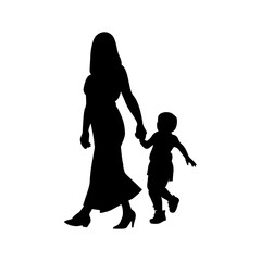 Vector illustration. Silhouette of women mother walking hand in hand with her child.