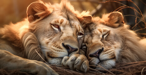 Majestic African lion couple loving pride of the jungle. Mighty wild animal of Africa in nature....