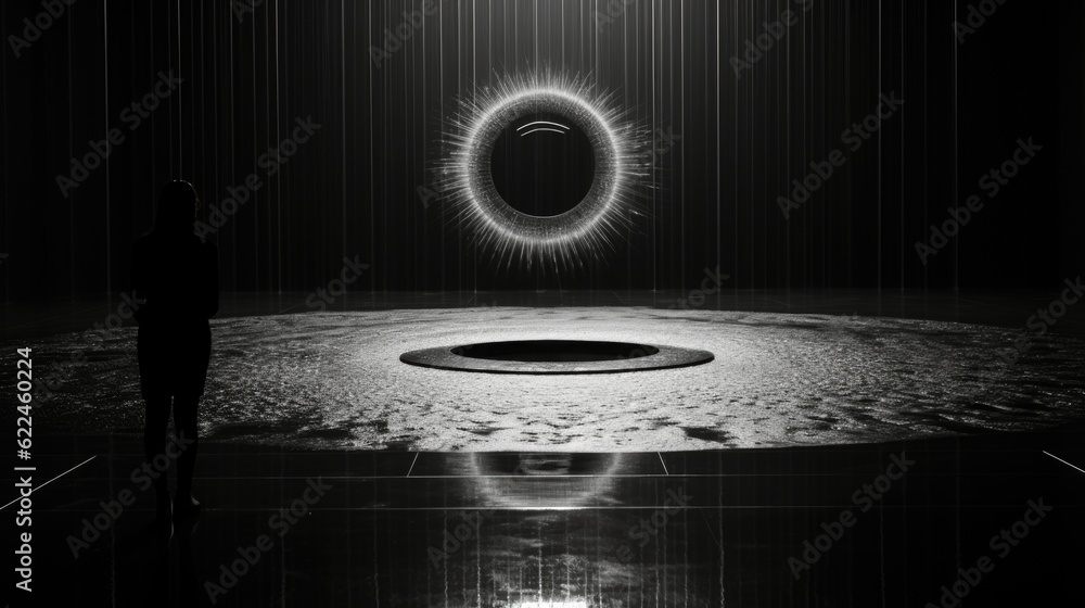 Poster a black and white photo of a person standing in front of a circular object. generative ai image.