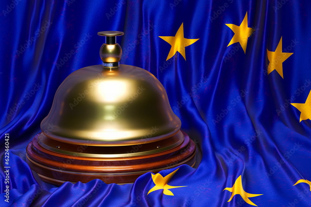 Poster reception bell on the the eu flag background, 3d rendering