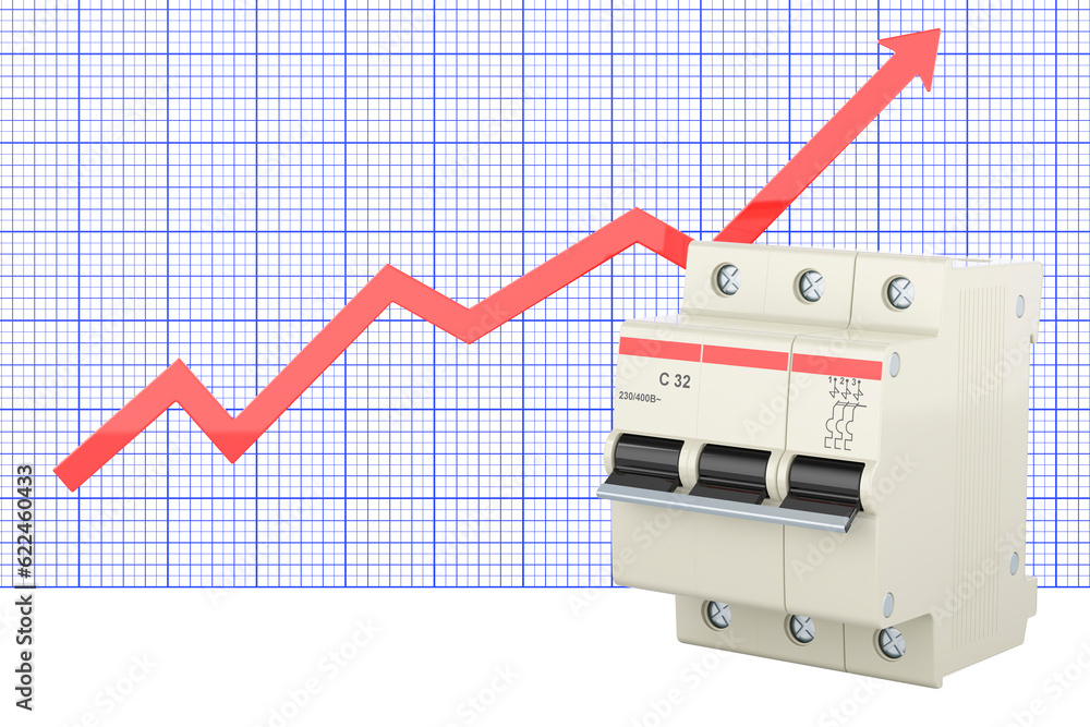 Poster circuit breaker with growing chart, 3d rendering