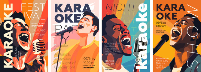 Fototapeta na wymiar Karaoke party show poster set. Music night club festival drawing art prints. Man sing song into mic. Musical event artwork placard template with singing people. Trendy typography banner vector design