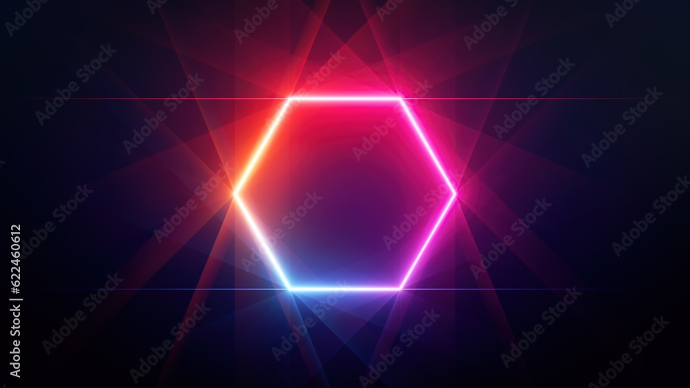 Poster 3d render, abstract neon background with red blue hexagonal frame glowing in the dark. minimalist ge