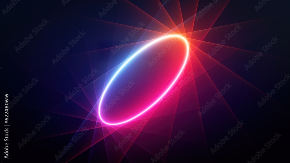 Aufkleber 3d rendering, abstract simple background with glowing neon round shape and colorful rays. minimalist