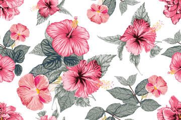 Seamless floral pattern pink Hibiscus flowers abstract background.Vector illustration hand drawning.For fabric print design.
