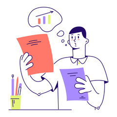 man analyzes documents with report