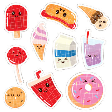 Set of colored cute food emoji icons Vector