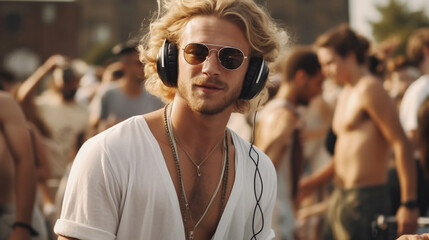 young handsome party boy at music festival