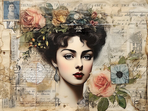 Victorian style background for scrapbooking and decoupage. Young beautiful woman with floral decoration. Generative AI