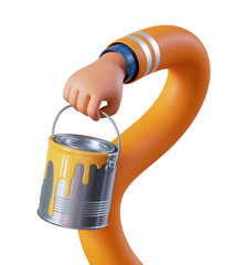 3d render, flexible cartoon human hand holds metal bucket with yellow paint. Professional painter with equipment. Construction and renovation service clip art isolated on white background
