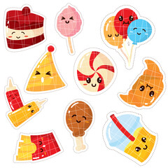 Set of colored cute food emoji icons Vector