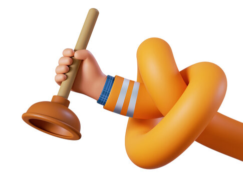 recommend clip art: 3d render, elastic knotted cartoon caucasian human hand holds plunger. Professional plumber. Toilet cleaning service clip art isolated on white background