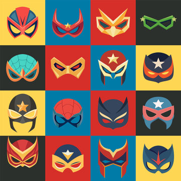Vector Super Hero Masks Set in Flat Style. Face Character, Superhero Comic Book Mask Collection. Superhero Photo Props, Women and Men Masks, Carnival Glasses