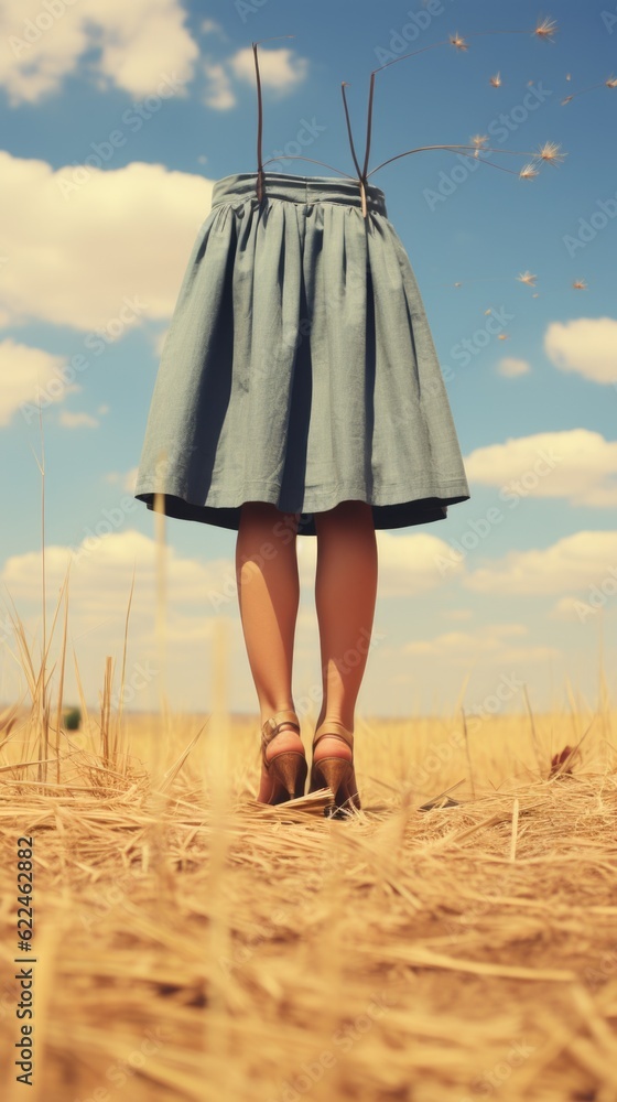 Poster a person standing in a field of dry grass. generative ai image.