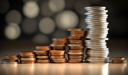 A large stack of coins, coins in rows in increasing amounts. 