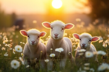 cute little lambs with sheep on fresh green meadow during sunrise Newborn lambs in flower field,...