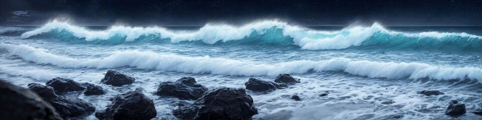 Night panorama of ocean waves crashing on a rocky shore and big stones in the foreground in the water. Seascape illustration. Generative AI - Powered by Adobe