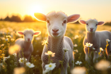 cute little lambs with sheep on fresh green meadow during sunrise Newborn lambs in flower field,...