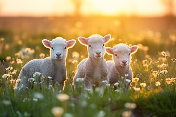 cute little lambs with sheep on fresh green meadow during sunrise Newborn lambs in flower field, cute summer landscape | Generative AI