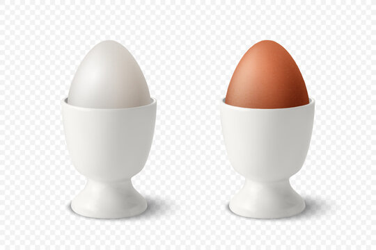 Vector 3d Realistic White and Brown Chicken Eggs in a White Ceramic, Porcelain Boiled Egg Cup Holder, Stand for Breakfast. Chicken Egg Icon, Isolated, Front View