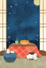 雪の見える和室のこたつで寝る猫水彩画