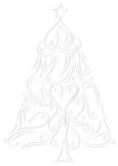 Vintage snowy Christmas tree on white background. Vector illustration of Christmas lace tree ornamental decoration with white snowflakes. Card Isolated.