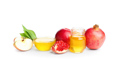 Composition with fresh fruits and honey on white background. Rosh hashanah (Jewish New Year) celebration