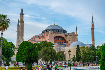 Fototapeta na wymiar Hagia Sophia mosque with the blue sky in Istanbul. The view after it was converted into a mosque