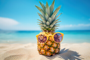 Summer concept funny Pineapple fruit with sunglasses on beach sand against turquoise caribbean sea water, blue ocean. Tropical summer vacation concept | Generative AI