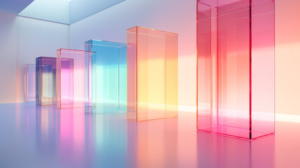 Colorful transparent glass panels boxes in the style of pastel color schemes, three-dimensional space, minimalist wallpaper backgrounds. 