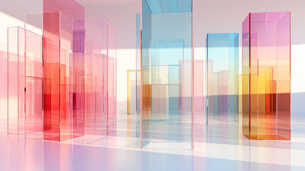 Colorful transparent glass panels boxes in the style of pastel color schemes, three-dimensional space, minimalist wallpaper backgrounds. 