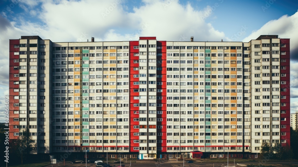 Poster a multicolored apartment building in a parking lot. generative ai image.