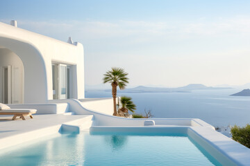 Fototapeta na wymiar Large luxury beachside villa with a pool overlooking sea and a blue sky.
