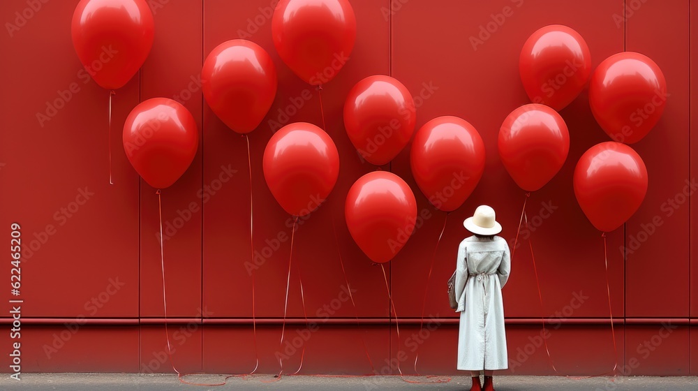 Poster a person standing in front of a wall with red balloons. generative ai image.
