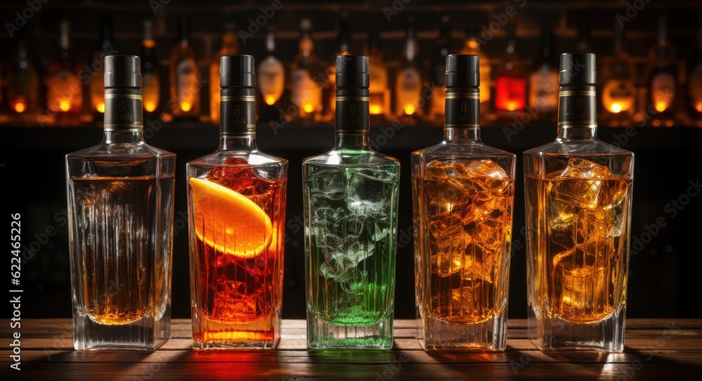 Poster a row of liquor bottles filled with different types of alcohol. generative ai image.