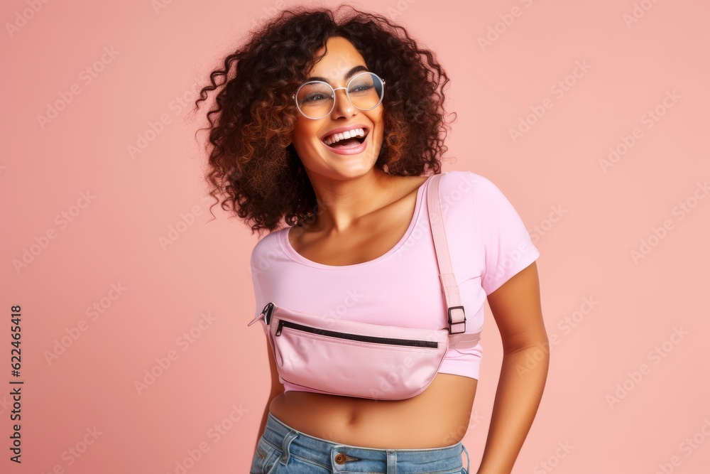 Wall mural Cheerful african american young woman in casual clothes on pink background