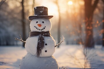 Fototapeta premium Happy snowman standing in winter christmas landscape. Snow background. ai generative