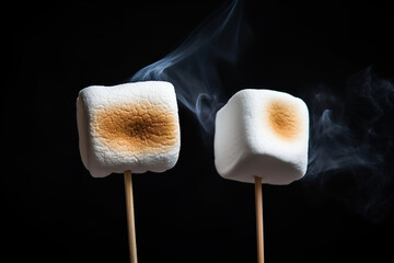 Banner Of Two Marshmallows On A Stick Roasting Over Campfire On Black Background - Camping Summer Fun Concept copy space | Generative AI