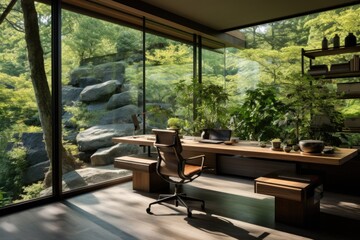 A contemporary home office with a spacious desk, ergonomic chair, and floor-to-ceiling windows offering a view of lush greenery outside. Generative AI