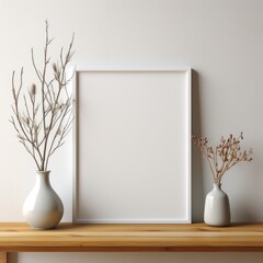 Fototapeta na wymiar Mockup frame, Minimalist White Table with a Sleek, Modern Black Mockup Frame. Generative AI