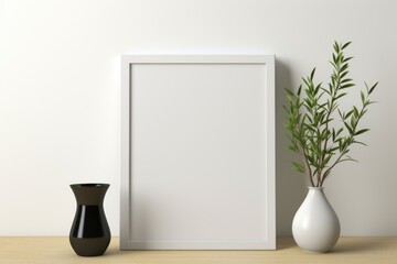 Mockup frame, Minimalist White Table with a Sleek, Modern Black Mockup Frame. Generative AI