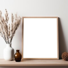 Fototapeta na wymiar A frame mockup placed against a minimalistic backdrop of light brown and white hues, accompanied by empty frames and vases on a wooden table. Generative AI