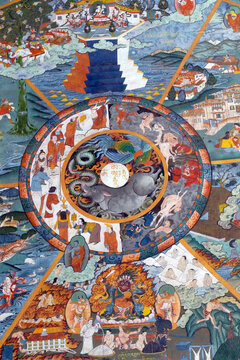 Lord Yama holds  mandala of the circle of life and death