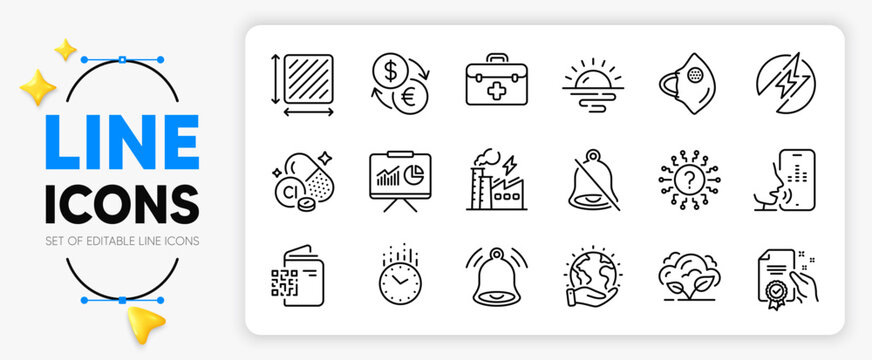 First aid, Mute and Question mark line icons set for app include Square area, Sunrise, Bell alert outline thin icon. Time, Certificate, Save planet pictogram icon. Chlorine mineral. Vector