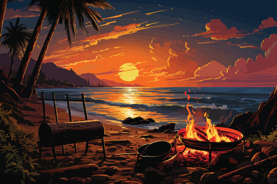 vector illustration of Juicy bratwurst grilling on a beachside bonfire during sunset.