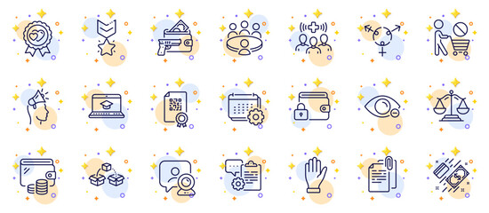Outline set of Winner medal, Meeting and Website education line icons for web app. Include Lock, Clipboard, Qr code pictogram icons. Document attachment, Payment, Calendar signs. Vector