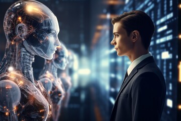 The man opposite the AI. The concept of confrontation between humanity and artificial intelligence
