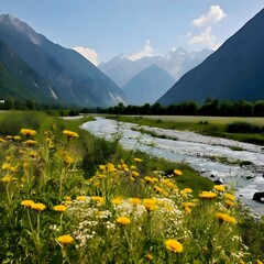Naklejka na ściany i meble meadow with river and flowers.